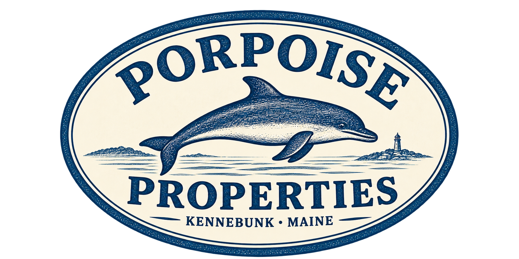 Vintage Porpoise Properties logo featuring a porpoise and lighthouse
